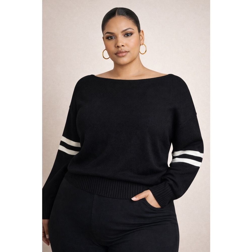 Nasty Gal Sweater Women Large Black Boat Neck White Varsity Stripe Sleeve Knit